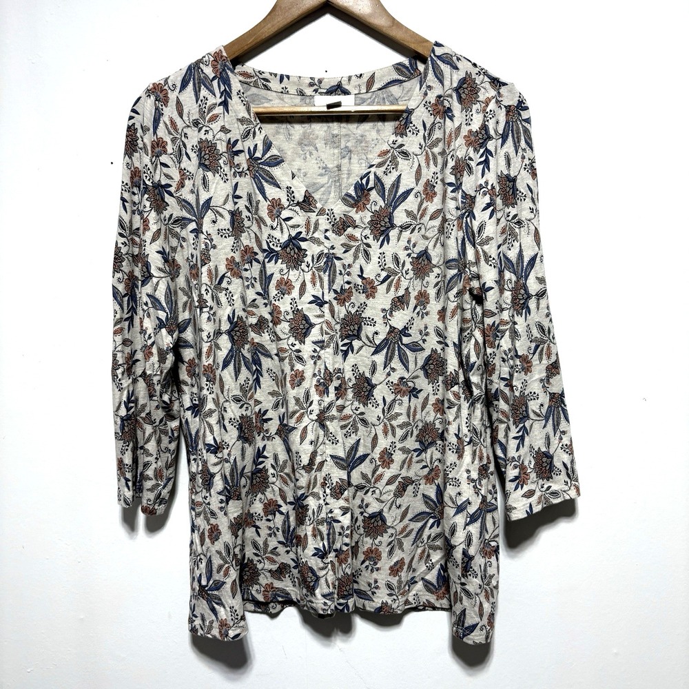 J Jill Pure Jill Top Womens M Beige Blue Floral Retro Flowers 3/4 Sleeve V Neck